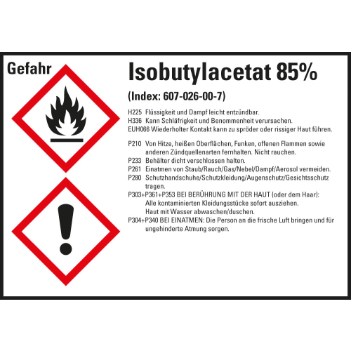 Gefahrstoffkennzeichen: Isobutylacetat 85%, 2 GHS Symbole mit Text, Folie selbstklebend, 105 x 74 mm, 8 St./Bogen Gefahrstoffkennzeichen: Isobutylacetat 85%, 2 GHS Symbole mit Text, Folie selbstklebend, 105 x 74 mm, 8 St./Bogen