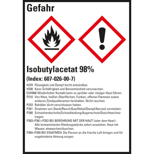 Gefahrstoffkennzeichen: Isobutylacetat 98%, 2 GHS Symbole mit Text, Folie selbstklebend, 52 x 74 mm, 10 St./Bogen Gefahrstoffkennzeichen: Isobutylacetat 98%, 2 GHS Symbole mit Text, Folie selbstklebend, 52 x 74 mm, 10 St./Bogen