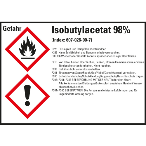 Gefahrstoffkennzeichen: Isobutylacetat 98%, 2 GHS Symbole mit Text, Folie selbstklebend, 148 x 105 mm, 4 St./Bogen