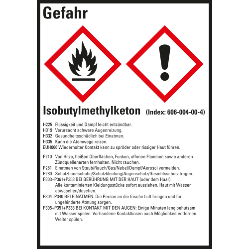 Gefahrstoffkennzeichen: Isobutylmethylketon, 2 GHS Symbole mit Text, Folie selbstklebend, 52 x 74 mm, 10 St./Bogen