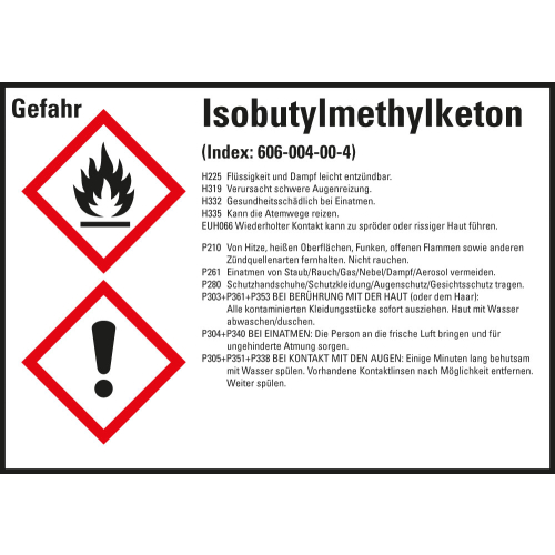 Gefahrstoffkennzeichen: Isobutylmethylketon, 2 GHS Symbole mit Text, Folie selbstklebend, 148 x 105 mm, 4 St./Bogen