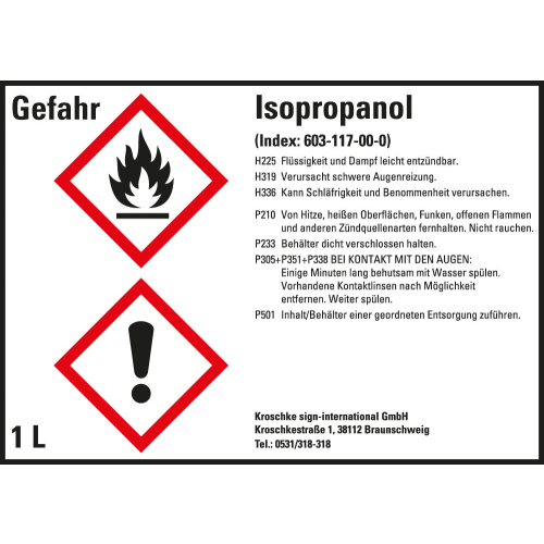 Gefahrstoffkennzeichen: Isopropanol, 2 GHS Symbole mit Text, Folie selbstklebend, 105 x 74 mm, 8 St./Bogen Gefahrstoffkennzeichen: Isopropanol, 2 GHS Symbole mit Text, Folie selbstklebend, 105 x 74 mm, 8 St./Bogen
