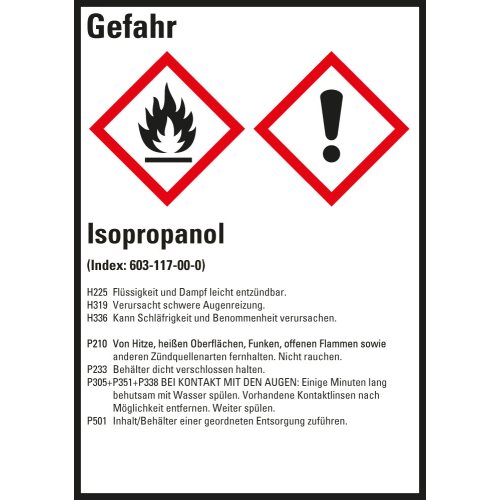 Gefahrstoffkennzeichen: Isopropanol, 2 GHS Symbole mit Text, Folie selbstklebend, 52 x 74 mm, 10 St./Bogen Gefahrstoffkennzeichen: Isopropanol, 2 GHS Symbole mit Text, Folie selbstklebend, 52 x 74 mm, 10 St./Bogen