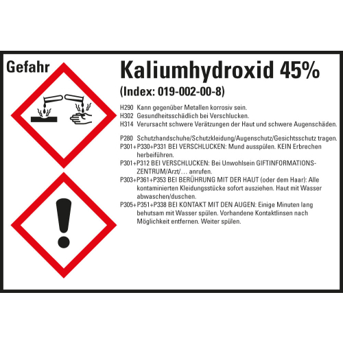 Gefahrstoffkennzeichen: Kaliumhydroxid 45%, 2 GHS Symbole mit Text, Folie selbstklebend, 148 x 105 mm, 4 St./Bogen Gefahrstoffkennzeichen: Kaliumhydroxid 45%, 2 GHS Symbole mit Text, Folie selbstklebend, 148 x 105 mm, 4 St./Bogen