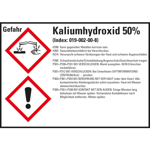 Gefahrstoffkennzeichen: Kaliumhydroxid 50%, 2 GHS Symbole mit Text, Folie selbstklebend, 148 x 105 mm, 4 St./Bogen Gefahrstoffkennzeichen: Kaliumhydroxid 50%, 2 GHS Symbole mit Text, Folie selbstklebend, 148 x 105 mm, 4 St./Bogen