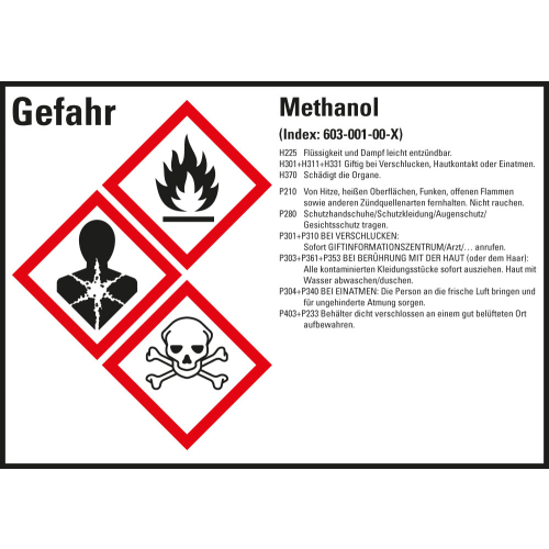 Gefahrstoffkennzeichen: Methanol, 3 GHS Symbole mit Text, Folie selbstklebend, 105 x 74 mm, 8 St./Bogen Gefahrstoffkennzeichen: Methanol, 3 GHS Symbole mit Text, Folie selbstklebend, 105 x 74 mm, 8 St./Bogen