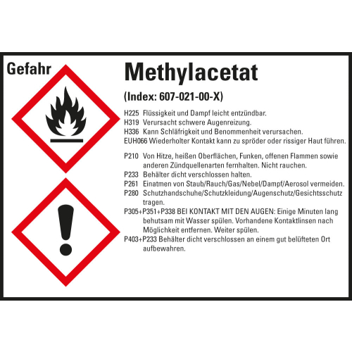 Gefahrstoffkennzeichen: Methylacetat, 2 GHS Symbole mit Text, Folie selbstklebend, 105 x 74 mm, 8 St./Bogen Gefahrstoffkennzeichen: Methylacetat, 2 GHS Symbole mit Text, Folie selbstklebend, 105 x 74 mm, 8 St./Bogen
