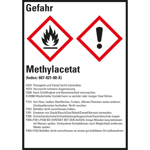 Gefahrstoffkennzeichen: Methylacetat, 2 GHS Symbole mit Text, Folie selbstklebend, 52 x 74 mm, 10 St./Bogen Gefahrstoffkennzeichen: Methylacetat, 2 GHS Symbole mit Text, Folie selbstklebend, 52 x 74 mm, 10 St./Bogen