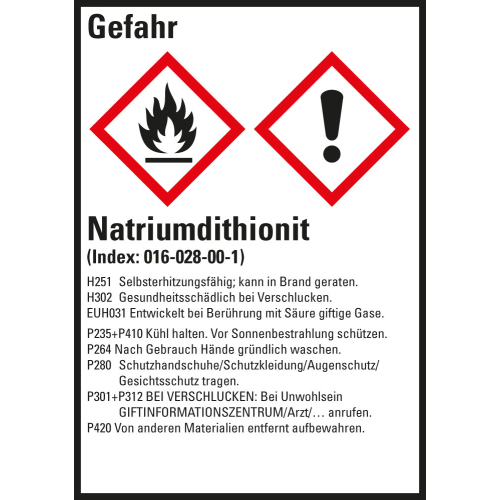 Gefahrstoffkennzeichen: Natriumdithionit, 2 GHS Symbole mit Text, Folie selbstklebend, 52 x 74 mm, 10 St./Bogen Gefahrstoffkennzeichen: Natriumdithionit, 2 GHS Symbole mit Text, Folie selbstklebend, 52 x 74 mm, 10 St./Bogen