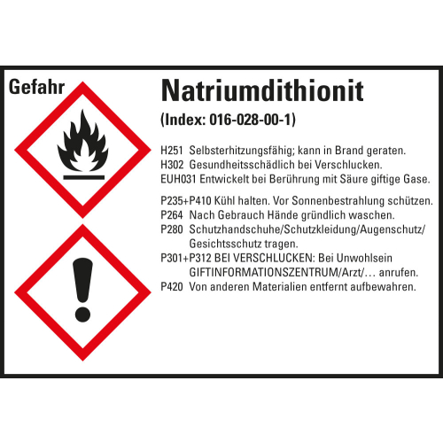 Gefahrstoffkennzeichen: Natriumdithionit, 2 GHS Symbole mit Text, Folie selbstklebend, 148 x 105 mm, 4 St./Bogen Gefahrstoffkennzeichen: Natriumdithionit, 2 GHS Symbole mit Text, Folie selbstklebend, 148 x 105 mm, 4 St./Bogen