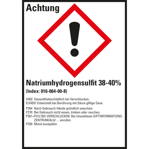 Gefahrstoffkennzeichen: Natriumhydrogensulfit 38-40%, 1 GHS Symbol mit Text, Folie selbstklebend, 52 x 74 mm, 10 St./Bogen Gefahrstoffkennzeichen: Natriumhydrogensulfit 38-40%, 1 GHS Symbol mit Text, Folie selbstklebend, 52 x 74 mm, 10 St./Bogen