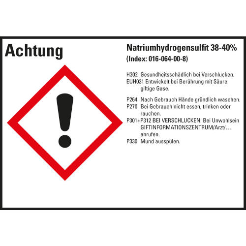 Gefahrstoffkennzeichen: Natriumhydrogensulfit 38-40%, 1 GHS Symbol mit Text, Folie selbstklebend, 105 x 74 mm, 8 St./Bogen Gefahrstoffkennzeichen: Natriumhydrogensulfit 38-40%, 1 GHS Symbol mit Text, Folie selbstklebend, 105 x 74 mm, 8 St./Bogen