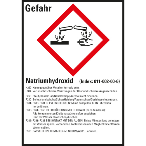 Gefahrstoffkennzeichen: Natriumhydroxid, 1 GHS Symbol mit Text, Folie selbstklebend, 52 x 74 mm, 10 St./Bogen Gefahrstoffkennzeichen: Natriumhydroxid, 1 GHS Symbol mit Text, Folie selbstklebend, 52 x 74 mm, 10 St./Bogen