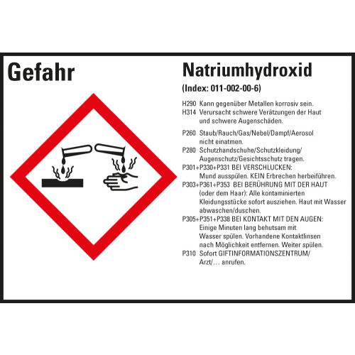 Gefahrstoffkennzeichen: Natriumhydroxid, 1 GHS Symbol mit Text, Folie selbstklebend, 105 x 74 mm, 8 St./Bogen Gefahrstoffkennzeichen: Natriumhydroxid, 1 GHS Symbol mit Text, Folie selbstklebend, 105 x 74 mm, 8 St./Bogen