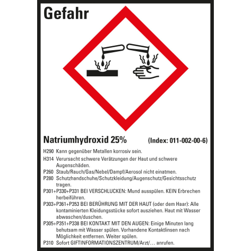 Gefahrstoffkennzeichen: Natriumhydroxid 25%, 1 GHS Symbol mit Text, Folie selbstklebend, 52 x 74 mm, 10 St./Bogen Gefahrstoffkennzeichen: Natriumhydroxid 25%, 1 GHS Symbol mit Text, Folie selbstklebend, 52 x 74 mm, 10 St./Bogen