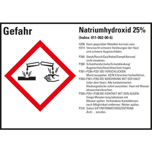 Gefahrstoffkennzeichen: Natriumhydroxid 25%, 1 GHS Symbol mit Text, Folie selbstklebend, 148 x 105 mm, 4 St./Bogen