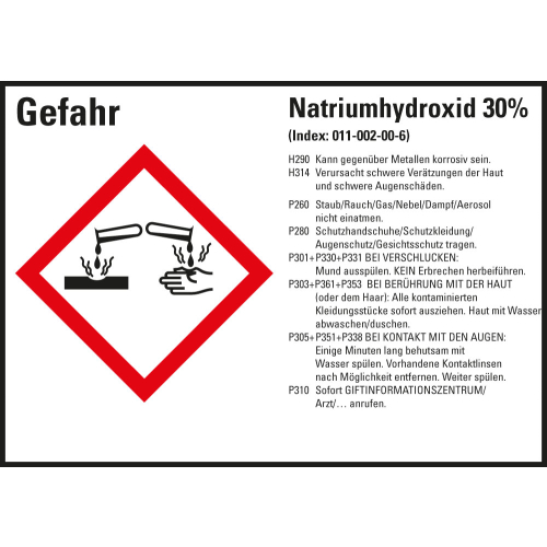 Gefahrstoffkennzeichen: Natriumhydroxid 30%, 1 GHS Symbol mit Text, Folie selbstklebend, 148 x 105 mm, 4 St./Bogen Gefahrstoffkennzeichen: Natriumhydroxid 30%, 1 GHS Symbol mit Text, Folie selbstklebend, 148 x 105 mm, 4 St./Bogen