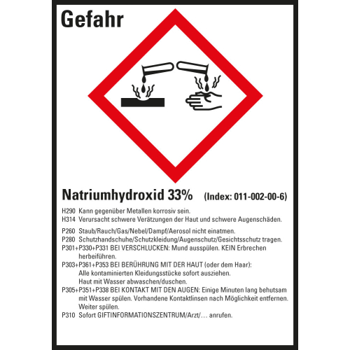 Gefahrstoffkennzeichen: Natriumhydroxid 33%, 1 GHS Symbol mit Text, Folie selbstklebend, 52 x 74 mm, 10 St./Bogen Gefahrstoffkennzeichen: Natriumhydroxid 33%, 1 GHS Symbol mit Text, Folie selbstklebend, 52 x 74 mm, 10 St./Bogen