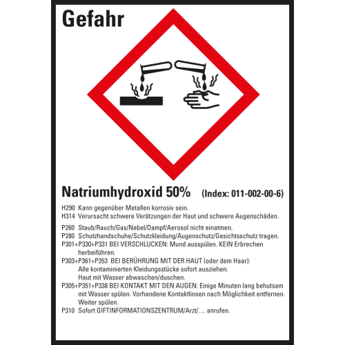 Gefahrstoffkennzeichen: Natriumhydroxid 50%, 1 GHS Symbol mit Text, Folie selbstklebend, 52 x 74 mm, 10 St./Bogen Gefahrstoffkennzeichen: Natriumhydroxid 50%, 1 GHS Symbol mit Text, Folie selbstklebend, 52 x 74 mm, 10 St./Bogen