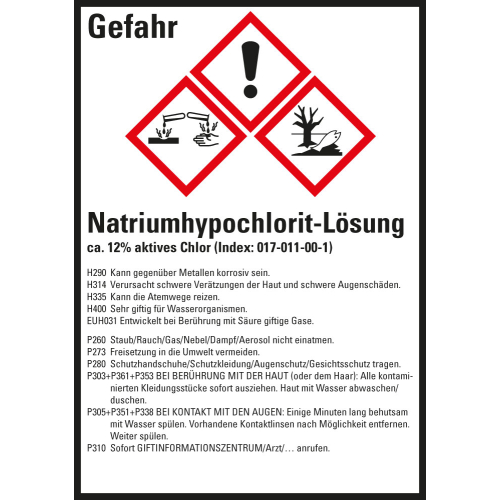 Gefahrstoffkennzeichen: Natriumhypochlorit-Lösung, 3 GHS Symbole mit Text, Folie selbstklebend, 52 x 74 mm, 10 St./Bogen Gefahrstoffkennzeichen: Natriumhypochlorit-Lösung, 3 GHS Symbole mit Text, Folie selbstklebend, 52 x 74 mm, 10 St./Bogen