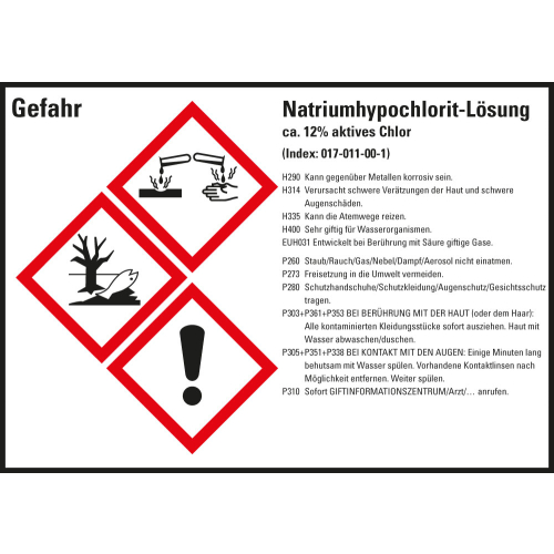 Gefahrstoffkennzeichen: Natriumhypochlorit-Lösung, 3 GHS Symbole mit Text, Folie selbstklebend, 148 x 105 mm, 4 St./Bogen Gefahrstoffkennzeichen: Natriumhypochlorit-Lösung, 3 GHS Symbole mit Text, Folie selbstklebend, 148 x 105 mm, 4 St./Bogen