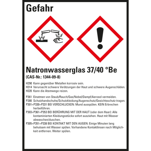 Gefahrstoffkennzeichen: Natronwasserglas 37/40 °Be, 2 GHS Symbole mit Text, Folie selbstklebend, 52 x 74 mm, 10 St./Bogen Gefahrstoffkennzeichen: Natronwasserglas 37/40 °Be, 2 GHS Symbole mit Text, Folie selbstklebend, 52 x 74 mm, 10 St./Bogen
