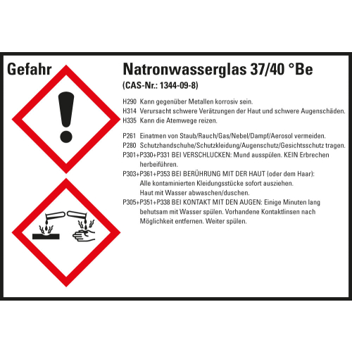 Gefahrstoffkennzeichen: Natronwasserglas 37/40 °Be, 2 GHS Symbole mit Text, Folie selbstklebend, 105 x 74 mm, 8 St./Bogen Gefahrstoffkennzeichen: Natronwasserglas 37/40 °Be, 2 GHS Symbole mit Text, Folie selbstklebend, 105 x 74 mm, 8 St./Bogen