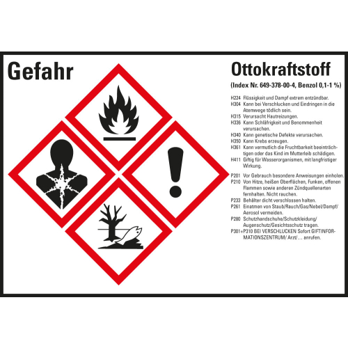 Gefahrstoffkennzeichen: Ottokraftstoff, 4 GHS Symbole mit Text, Folie selbstklebend, 148 x 105 mm, 4 St./Bogen Gefahrstoffkennzeichen: Ottokraftstoff, 4 GHS Symbole mit Text, Folie selbstklebend, 148 x 105 mm, 4 St./Bogen