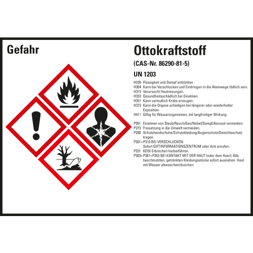 Gefahrstoffkennzeichen: Ottokraftstoff UN 1203, 4 GHS Symbole mit Text, Folie selbstklebend, 148 x 105 mm, 4 St