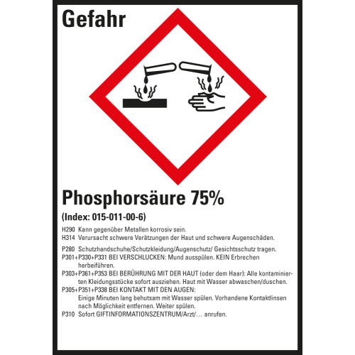 Gefahrstoffkennzeichen: Phosphorsäure 75%, 1 GHS Symbol mit Text, Folie selbstklebend, 52 x 74 mm, 10 St./Bogen Gefahrstoffkennzeichen: Phosphorsäure 75%, 1 GHS Symbol mit Text, Folie selbstklebend, 52 x 74 mm, 10 St./Bogen