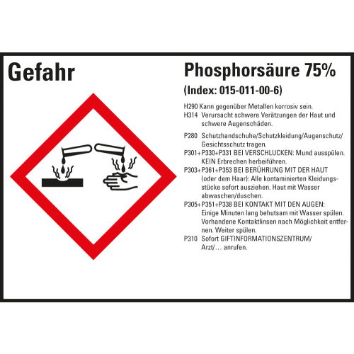 Gefahrstoffkennzeichen: Phosphorsäure 75%, 1 GHS Symbol mit Text, Folie selbstklebend, 148 x 105 mm, 4 St./Bogen Gefahrstoffkennzeichen: Phosphorsäure 75%, 1 GHS Symbol mit Text, Folie selbstklebend, 148 x 105 mm, 4 St./Bogen