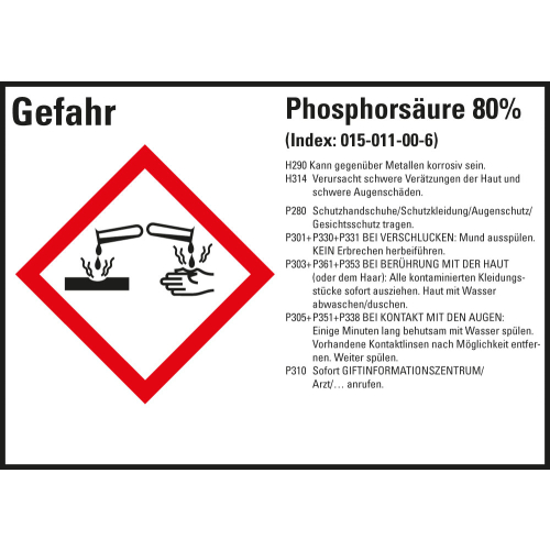 Gefahrstoffkennzeichen: Phosphorsäure 80%, 1 GHS Symbol mit Text, Folie selbstklebend, 105 x 74 mm, 8 St./Bogen Gefahrstoffkennzeichen: Phosphorsäure 80%, 1 GHS Symbol mit Text, Folie selbstklebend, 105 x 74 mm, 8 St./Bogen