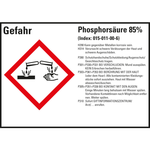 Gefahrstoffkennzeichen: Phosphorsäure 85%, 1 GHS Symbol mit Text, Folie selbstklebend, 148 x 105 mm, 4 St./Bogen Gefahrstoffkennzeichen: Phosphorsäure 85%, 1 GHS Symbol mit Text, Folie selbstklebend, 148 x 105 mm, 4 St./Bogen