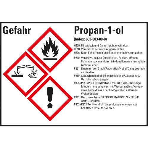 Gefahrstoffkennzeichen: Propan-1-ol, 3 GHS Symbole mit Text, Folie selbstklebend, 148 x 105 mm, 4 St./Bogen Gefahrstoffkennzeichen: Propan-1-ol, 3 GHS Symbole mit Text, Folie selbstklebend, 148 x 105 mm, 4 St./Bogen