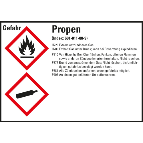 Gefahrstoffkennzeichen: Propen, 2 GHS Symbole mit Text, Folie selbstklebend, 105 x 74 mm, 8 St./Bogen Gefahrstoffkennzeichen: Propen, 2 GHS Symbole mit Text, Folie selbstklebend, 105 x 74 mm, 8 St./Bogen