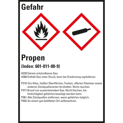 Gefahrstoffkennzeichen: Propen, 2 GHS Symbole mit Text, Folie selbstklebend, 52 x 74 mm, 10 St./Bogen Gefahrstoffkennzeichen: Propen, 2 GHS Symbole mit Text, Folie selbstklebend, 52 x 74 mm, 10 St./Bogen