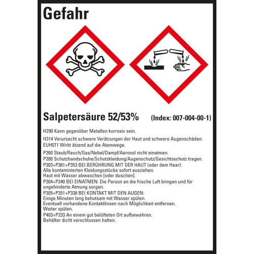 Gefahrstoffkennzeichen: Salpetersäure 52/53%, 2 GHS Symbole mit Text, Folie selbstklebend, 52 x 74 mm, 10 St./Bogen Gefahrstoffkennzeichen: Salpetersäure 52/53%, 2 GHS Symbole mit Text, Folie selbstklebend, 52 x 74 mm, 10 St./Bogen