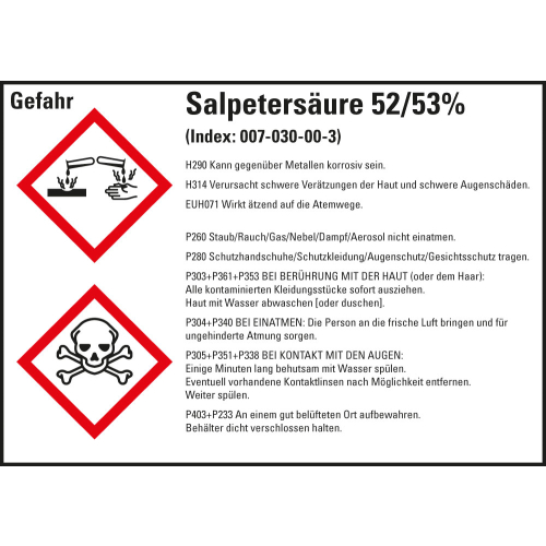 Gefahrstoffkennzeichen: Salpetersäure 52/53%, 2 GHS Symbole mit Text, Folie selbstklebend, 105 x 74 mm, 8 St./Bogen Gefahrstoffkennzeichen: Salpetersäure 52/53%, 2 GHS Symbole mit Text, Folie selbstklebend, 105 x 74 mm, 8 St./Bogen