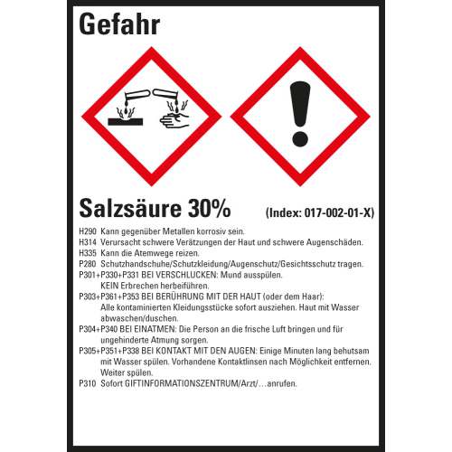Gefahrstoffkennzeichen: Salzsäure 30%, 2 GHS Symbole mit Text, Folie selbstklebend, 52 x 74 mm, 10 St./Bogen