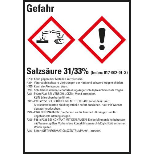 Gefahrstoffkennzeichen: Salzsäure 31/33%, 2 GHS Symbole mit Text, Folie selbstklebend, 52 x 74 mm, 10 St./Bogen Gefahrstoffkennzeichen: Salzsäure 31/33%, 2 GHS Symbole mit Text, Folie selbstklebend, 52 x 74 mm, 10 St./Bogen