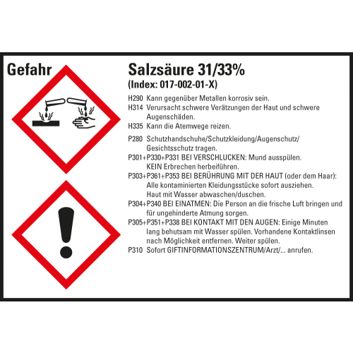 Gefahrstoffkennzeichen: Salzsäure 31/33%, 2 GHS Symbole mit Text, Folie selbstklebend, 148 x 105 mm, 4 St./Bogen Gefahrstoffkennzeichen: Salzsäure 31/33%, 2 GHS Symbole mit Text, Folie selbstklebend, 148 x 105 mm, 4 St./Bogen