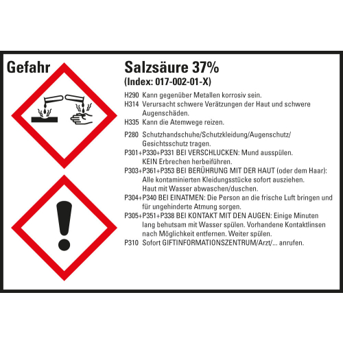 Gefahrstoffkennzeichen: Salzsäure 37%, 2 GHS Symbole mit Text, Folie selbstklebend, 105 x 74 mm, 8 St./Bogen