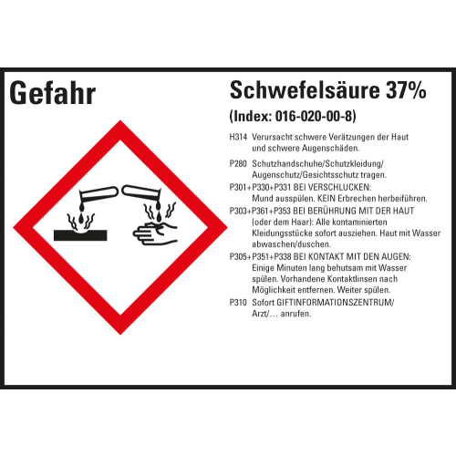 Gefahrstoffkennzeichen: Schwefelsäure 37%, 1 GHS Symbol mit Text, Folie selbstklebend, 148 x 105 mm, 4 St./Bogen Gefahrstoffkennzeichen: Schwefelsäure 37%, 1 GHS Symbol mit Text, Folie selbstklebend, 148 x 105 mm, 4 St./Bogen