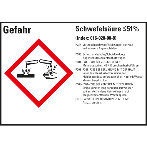 Gefahrstoffkennzeichen: Schwefelsäure ≤51%, 1 GHS Symbol mit Text, Folie selbstklebend, 105 x 74 mm, 8 St./Bogen Gefahrstoffkennzeichen: Schwefelsäure ≤51%, 1 GHS Symbol mit Text, Folie selbstklebend, 105 x 74 mm, 8 St./Bogen