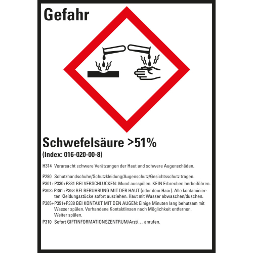 Gefahrstoffkennzeichen: Schwefelsäure >51%, 1 GHS Symbol mit Text, Folie selbstklebend, 52 x 74 mm, 10 St./Bogen Gefahrstoffkennzeichen: Schwefelsäure >51%, 1 GHS Symbol mit Text, Folie selbstklebend, 52 x 74 mm, 10 St./Bogen