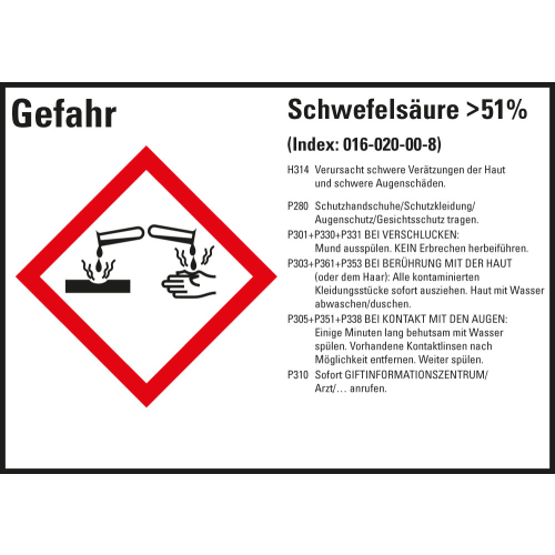 Gefahrstoffkennzeichen: Schwefelsäure >51%, 1 GHS Symbol mit Text, Folie selbstklebend, 148 x 105 mm, 4 St./Bogen Gefahrstoffkennzeichen: Schwefelsäure >51%, 1 GHS Symbol mit Text, Folie selbstklebend, 148 x 105 mm, 4 St./Bogen