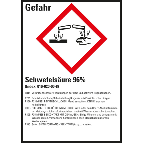 Gefahrstoffkennzeichen: Schwefelsäure 96%, 1 GHS Symbol mit Text, Folie selbstklebend, 52 x 74 mm, 10 St./Bogen Gefahrstoffkennzeichen: Schwefelsäure 96%, 1 GHS Symbol mit Text, Folie selbstklebend, 52 x 74 mm, 10 St./Bogen