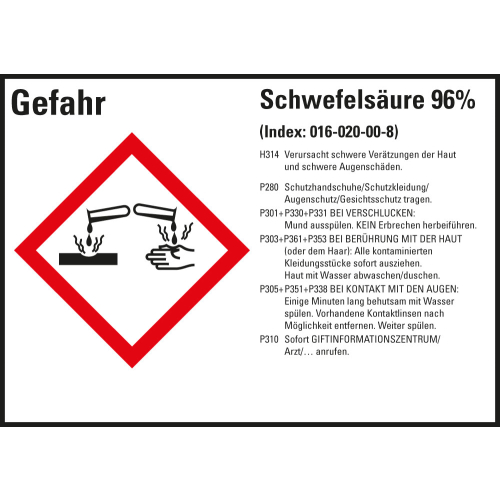 Gefahrstoffkennzeichen: Schwefelsäure 96%, 1 GHS Symbol mit Text, Folie selbstklebend, 148 x 105 mm, 4 St./Bogen Gefahrstoffkennzeichen: Schwefelsäure 96%, 1 GHS Symbol mit Text, Folie selbstklebend, 148 x 105 mm, 4 St./Bogen