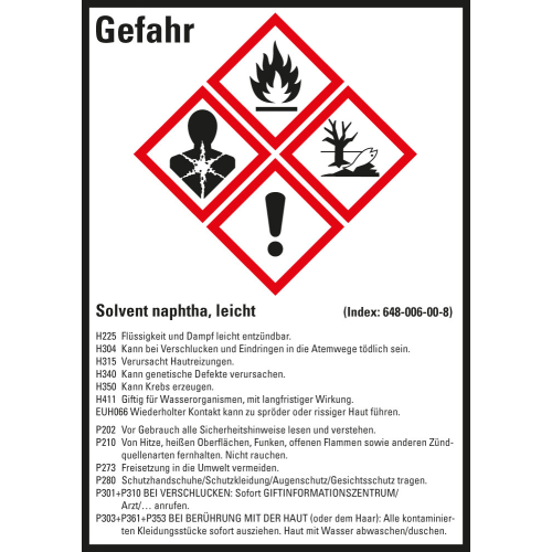 Gefahrstoffkennzeichen: Solvent naphtha, leicht, 4 GHS Symbole mit Text, Folie selbstklebend, 52 x 74 mm, 10 St./Bogen Gefahrstoffkennzeichen: Solvent naphtha, leicht, 4 GHS Symbole mit Text, Folie selbstklebend, 52 x 74 mm, 10 St./Bogen