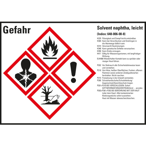 Gefahrstoffkennzeichen: Solvent naphtha, leicht, 4 GHS Symbole mit Text, Folie selbstklebend, 105 x 74 mm, 8 St./Bogen Gefahrstoffkennzeichen: Solvent naphtha, leicht, 4 GHS Symbole mit Text, Folie selbstklebend, 105 x 74 mm, 8 St./Bogen